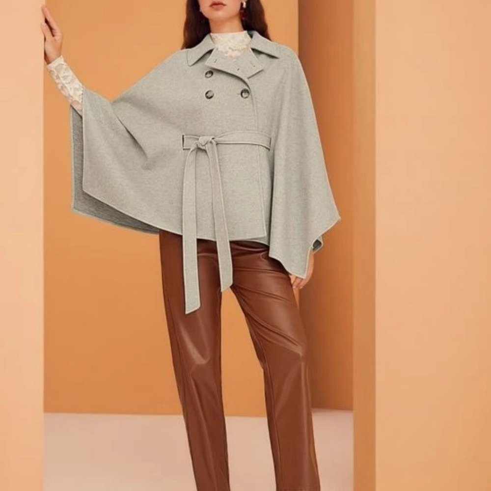 Double Breasted Cloak Sleeve Belted Jacket Cape Overcoat - Picture 5 of 9